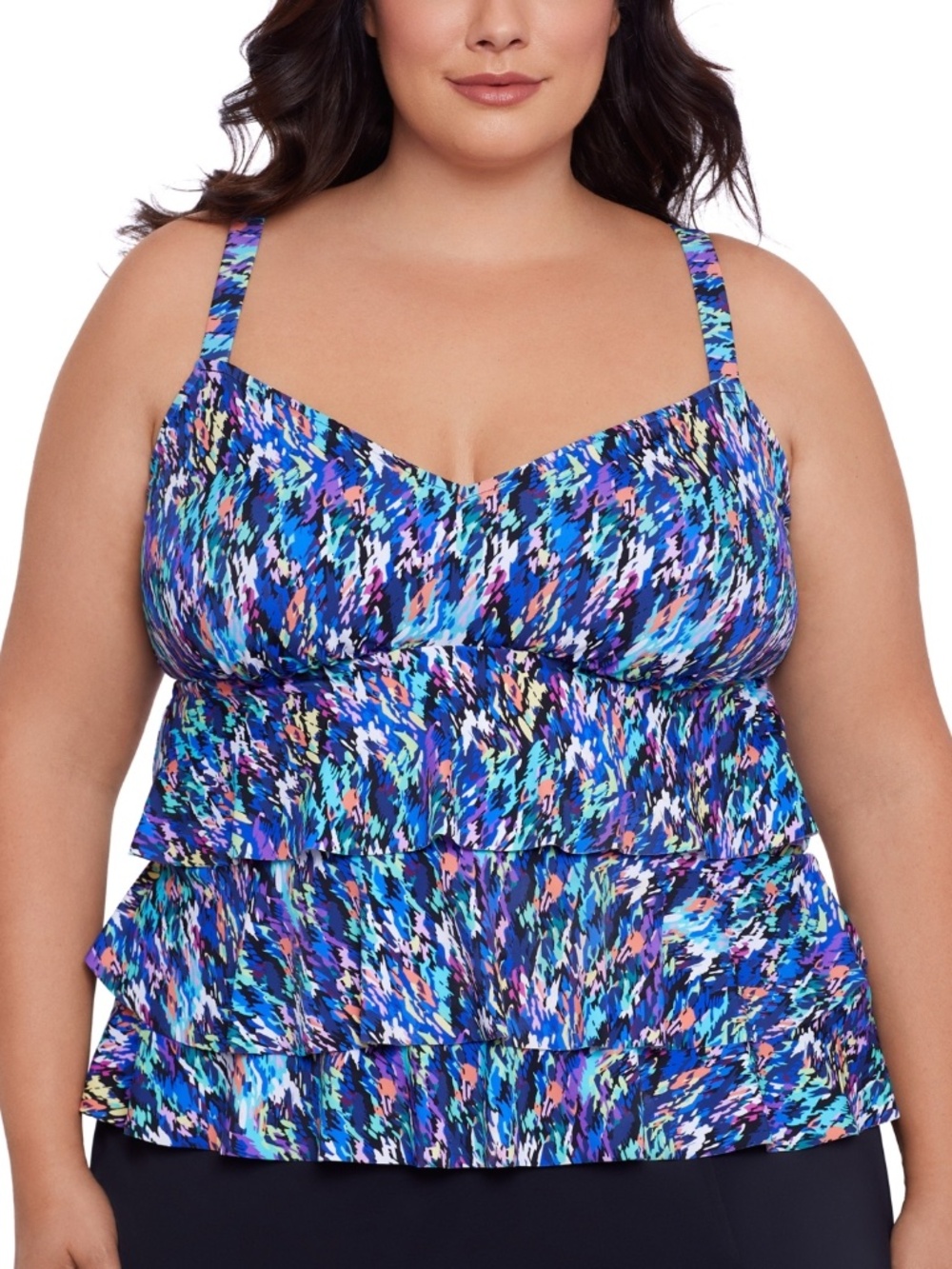 Swim Solutions Plus Size Printed Tiered Tankini Top,Rainbow Rain